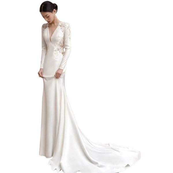 Satin Light Wedding Dress Long Sleeved Slim Fishtail Lace French - Image 4