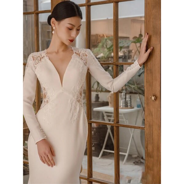 Satin Light Wedding Dress Long Sleeved Slim Fishtail Lace French - Image 5