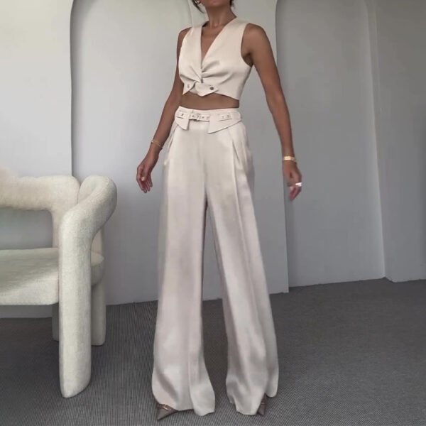 Women's Sleeveless V-neck Short Vest Top Straight-leg Pants Two-piece Set - Image 5