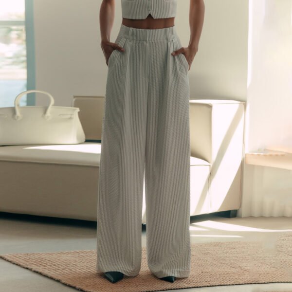 Women's Striped Sleeveless Vest V-neck Single Breasted Straight Trousers Suit - Image 2