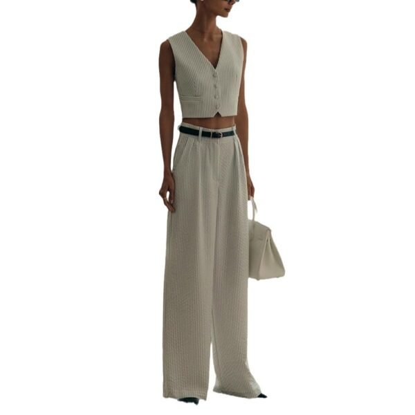 Women's Striped Sleeveless Vest V-neck Single Breasted Straight Trousers Suit - Image 3