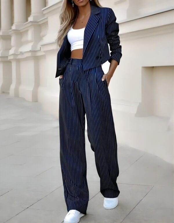 Women's Spring Fashion Striped Suits Casual Lapel Long Sleeve Cropped Top And Straight Pants Outfits Women's Clothing - Image 7