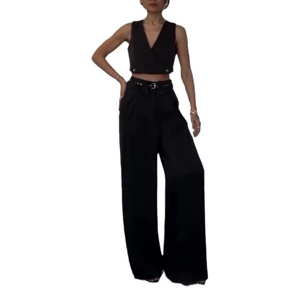 Women's Sleeveless V-neck Short Vest Top Straight-leg Pants Two-piece Set - Image 4
