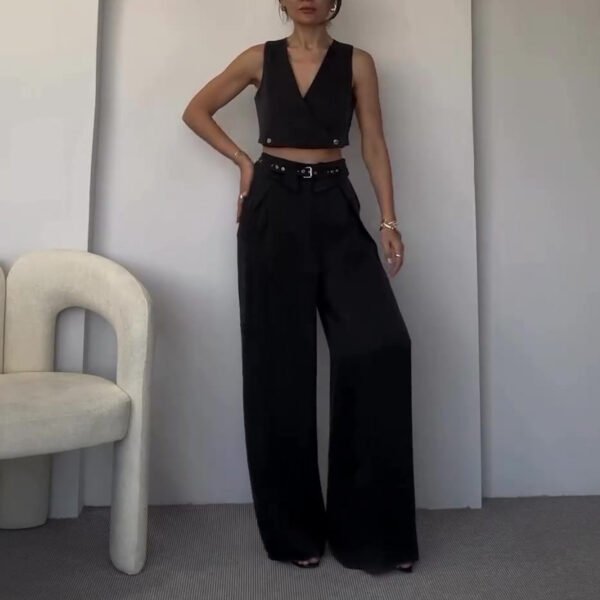 Women's Sleeveless V-neck Short Vest Top Straight-leg Pants Two-piece Set - Image 2