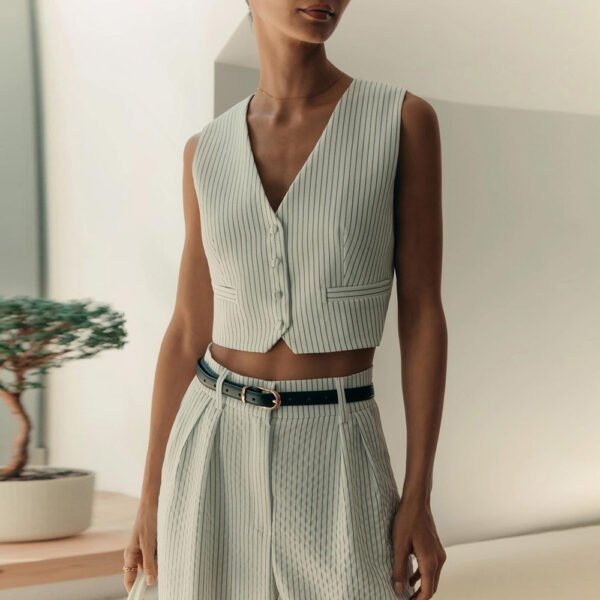 Women's Striped Sleeveless Vest V-neck Single Breasted Straight Trousers Suit - Image 5