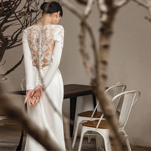 Satin Light Wedding Dress Long Sleeved Slim Fishtail Lace French - Image 2