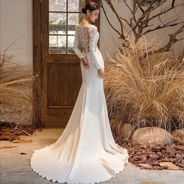 Satin Light Wedding Dress Long Sleeved Slim Fishtail Lace French - Image 3