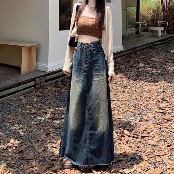 Worn Looking Washed-out Denim Skirt Hot Girl Retro Straight A- Line Design - Image 2