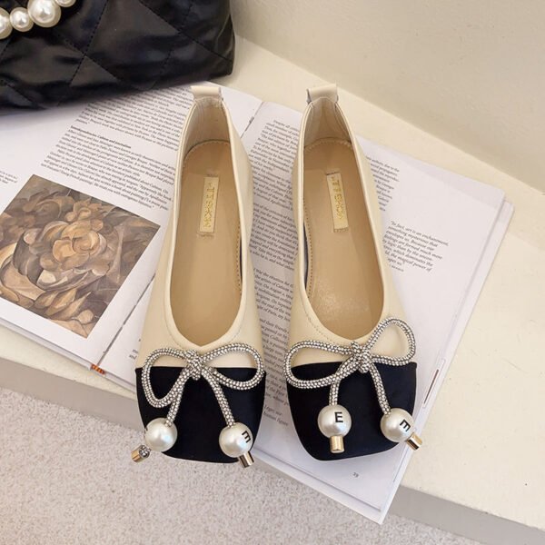 Pearl Bowknot Square Toe Flat Ballerina Shoes With Soft Sole - Image 5