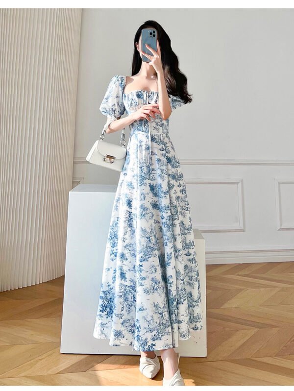 Vintage Floral Square Collar Puff Sleeve Short Sleeve Dress - Image 4
