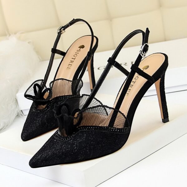 Women's Shoes High Heel Shallow Mouth Pointed Toe Mesh Lace Cutout Strap Sandals - Image 3