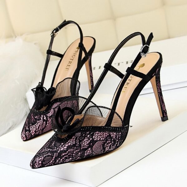 Women's Shoes High Heel Shallow Mouth Pointed Toe Mesh Lace Cutout Strap Sandals - Image 4