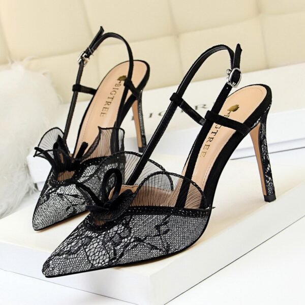 Women's Shoes High Heel Shallow Mouth Pointed Toe Mesh Lace Cutout Strap Sandals - Image 2