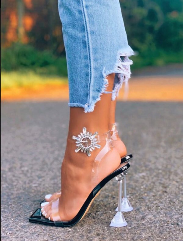 Sunflower Rhinestone Square Toe Transparent Wine Glass Heel Stiletto Open Toe Women Sandals - Image 5