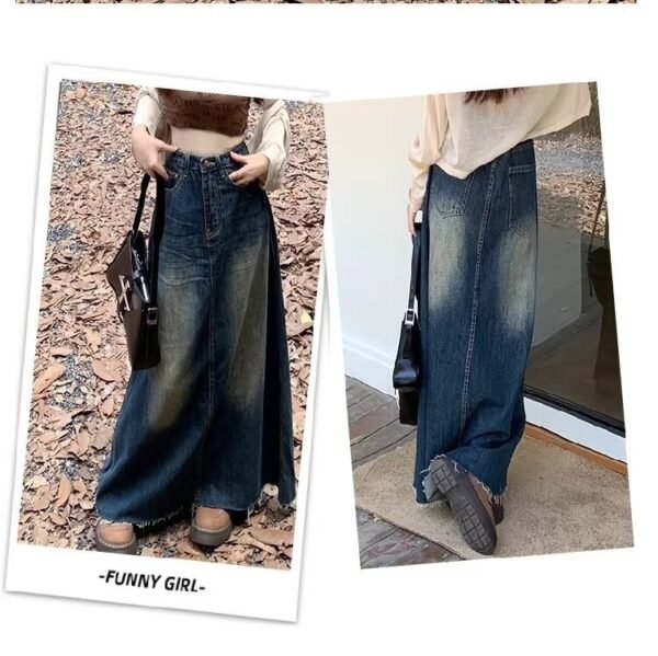 Worn Looking Washed-out Denim Skirt Hot Girl Retro Straight A- Line Design - Image 5