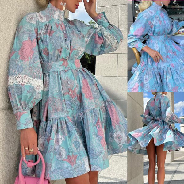 Women’s High Collar Printed Dress – Fashionable Large Hem Elegant Outfit - Image 3