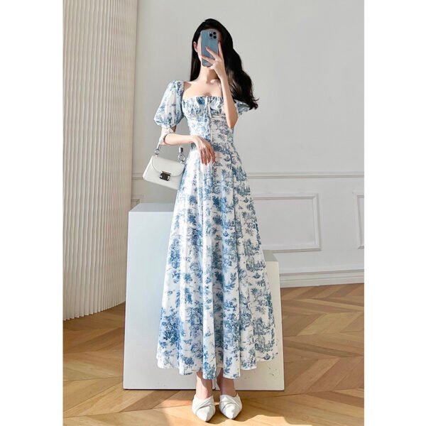 Vintage Floral Square Collar Puff Sleeve Short Sleeve Dress - Image 2