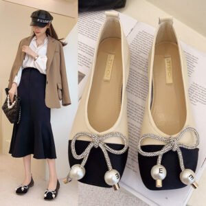 Pearl Bowknot Square Toe Flat Ballerina Shoes With Soft Sole