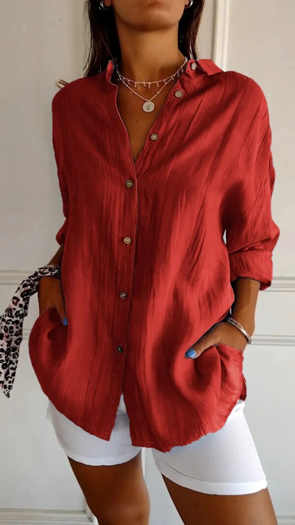 Women’s Lapel Long Sleeve Pleated Shirt – Single-breasted Elegant Top - Image 7