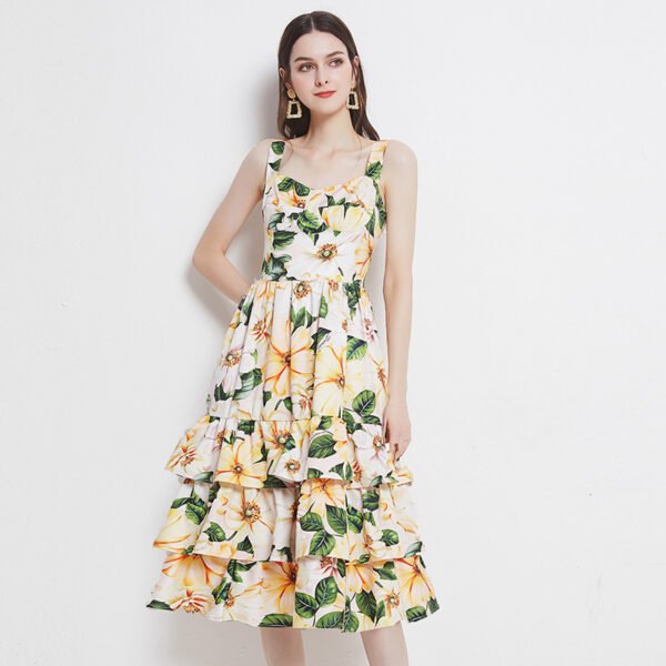 Temperament Print Ladies Mid Length Suspender Cake Skirt