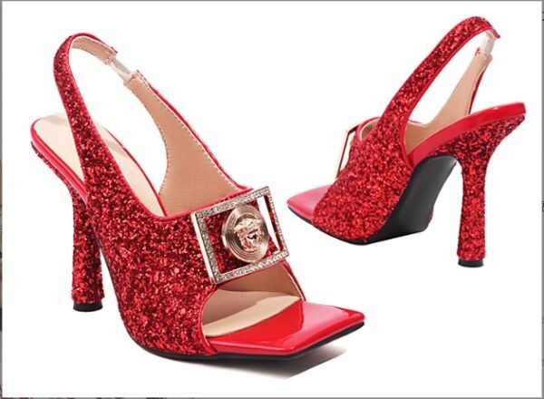 New Sequined Square Toe Peep Toe Back Empty Stiletto Heel Fashionable Sandals - Image 6