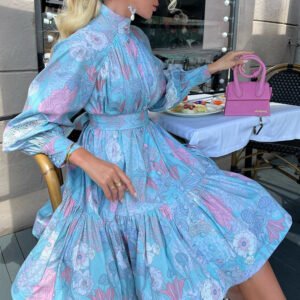 High Collar Printed Dress