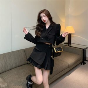 Temperament Women's Fashion Suit Jacket High Waist Pleated Skirt