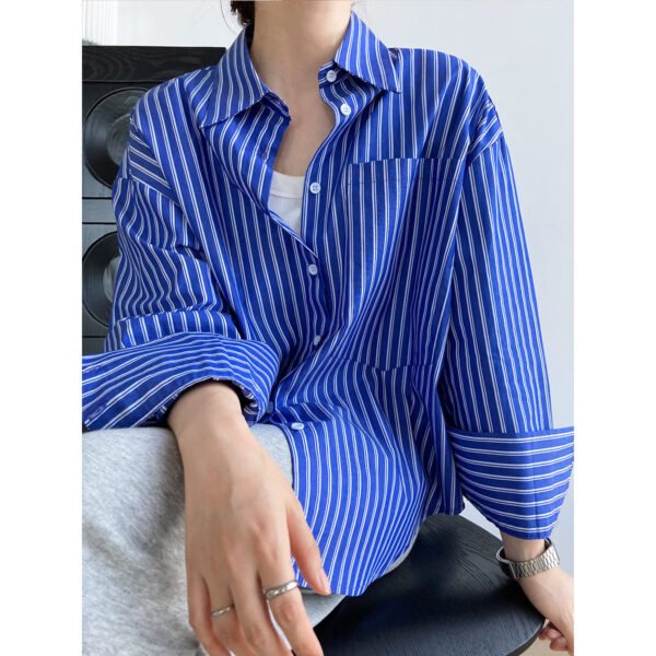 Loose BF Lapel Large Pocket Long Sleeve Shirt for Women - Image 4