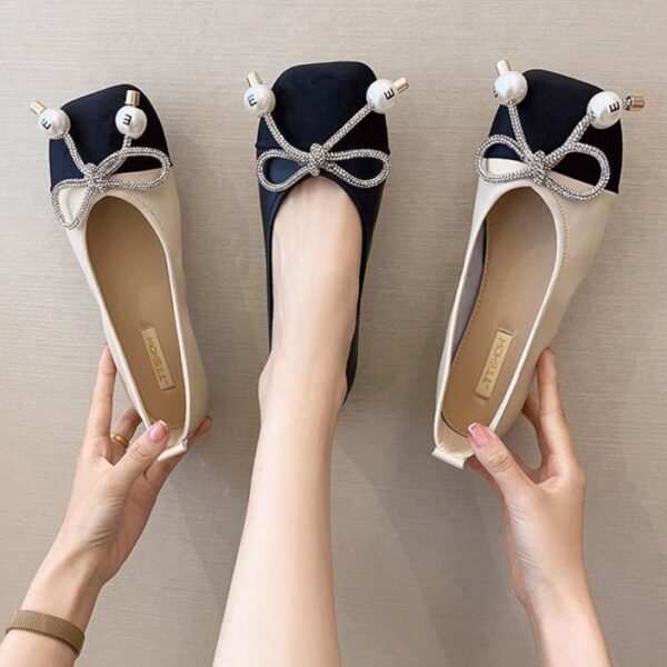 Pearl Bowknot Square Toe Flat Ballerina Shoes With Soft Sole - Image 2