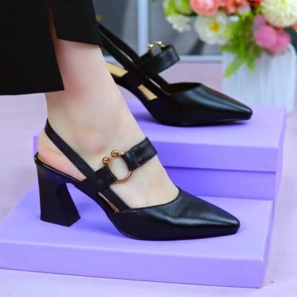 Closed Toe Back Empty Leather Chunky Heel Sandals Woman High-heeled Shoes - Image 3