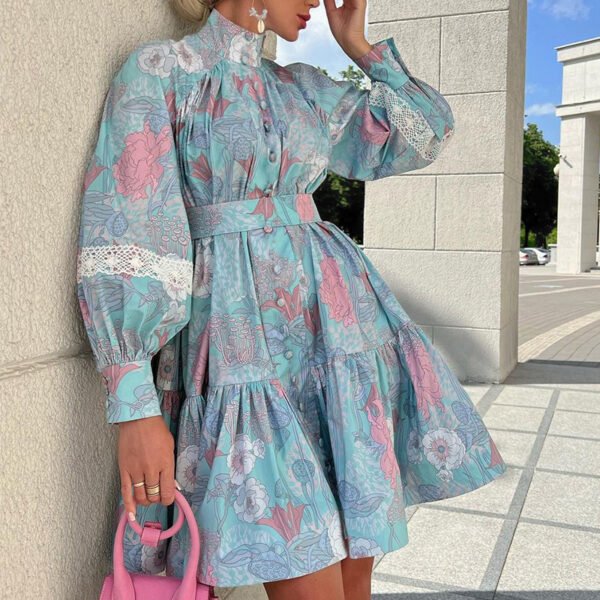 Women’s High Collar Printed Dress – Fashionable Large Hem Elegant Outfit - Image 5