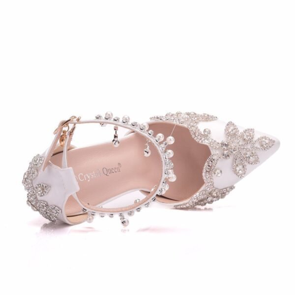 White Pointed Toe Crystal Wedding Shoes with Chunky Heel for Brides - Image 4