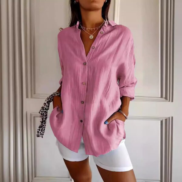 Women’s Lapel Long Sleeve Pleated Shirt – Single-breasted Elegant Top - Image 10