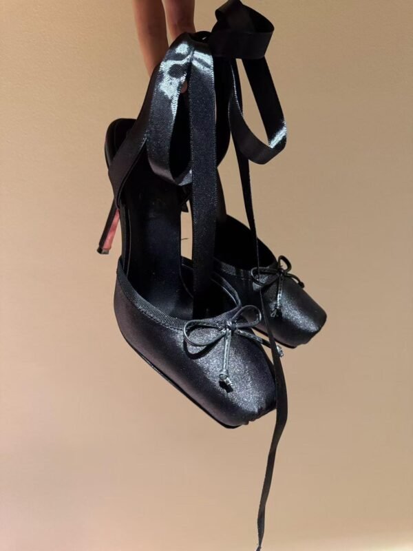 Leather Sole Women's Ballerina High Heel Shoes Fashion Satin Ribbon Toe Cap - Image 3