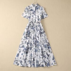 Stringy Selvedge Stand-up Collar Butterfly Flower Cotton Dress