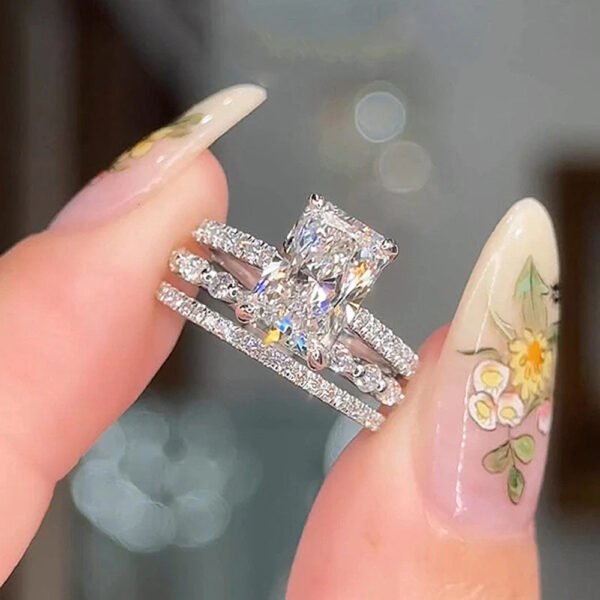S925 Sterling Silver Ice Flower Cut Zircon Ring Set – Super Shiny - Image 3