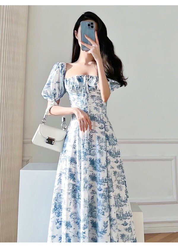 Vintage Floral Square Collar Puff Sleeve Short Sleeve Dress - Image 6
