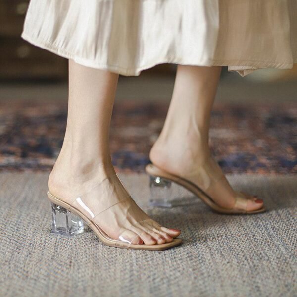 Elegant Flat Mid-heel Chunky Crystal High Heels - Image 7