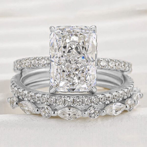 S925 Sterling Silver Ice Flower Cut Zircon Ring Set – Super Shiny - Image 4