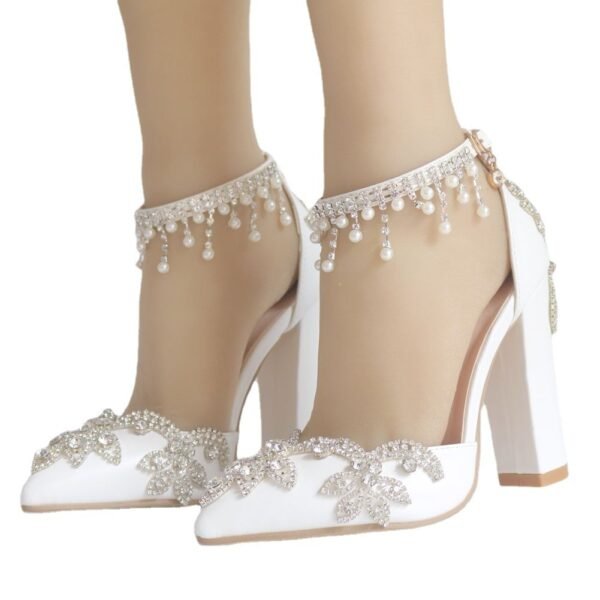 White Pointed Toe Crystal Wedding Shoes with Chunky Heel for Brides - Image 6