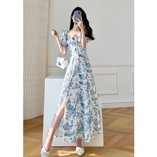 Vintage Floral Square Collar Puff Sleeve Short Sleeve Dress - Image 8