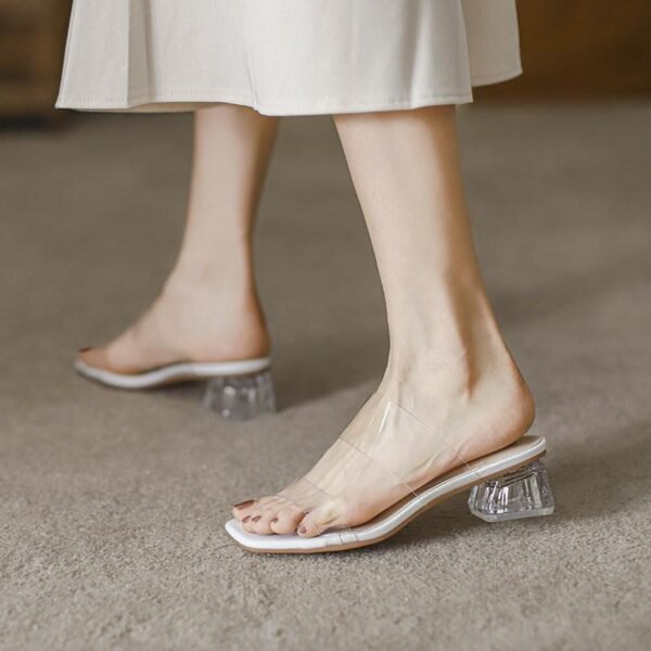 Elegant Flat Mid-heel Chunky Crystal High Heels - Image 5