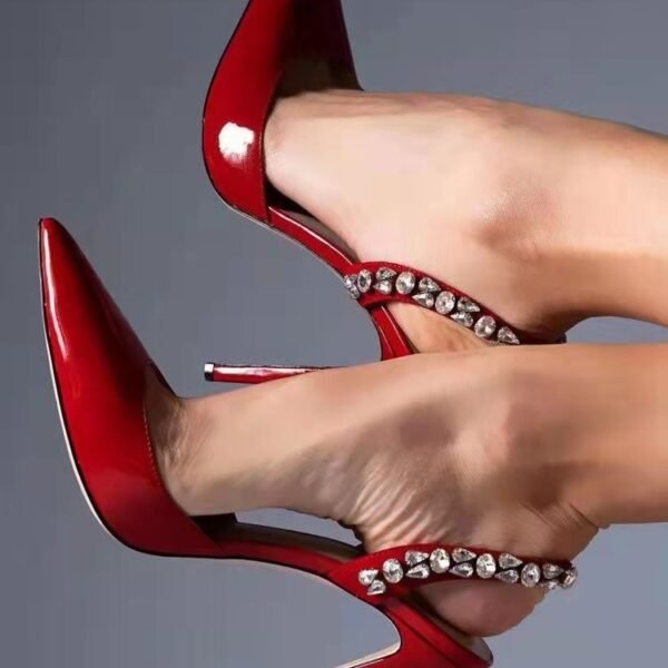 Rhinestone Side-Cut Pointed Toe High Heel Sandals with Light Diamond Detailing - Image 8