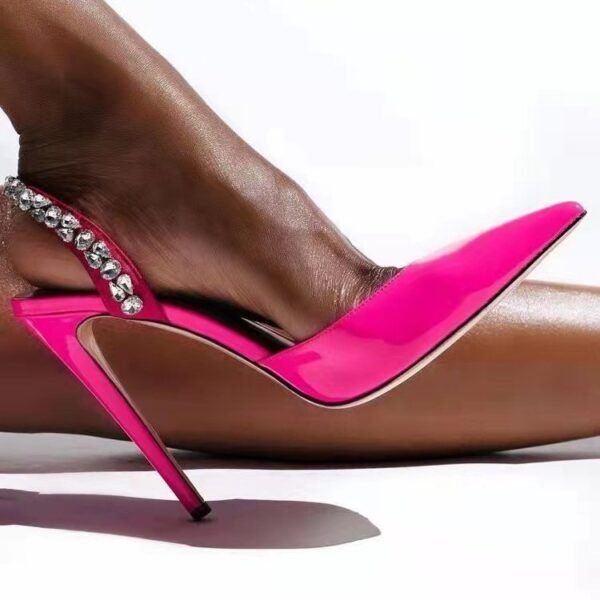Rhinestone Side-Cut Pointed Toe High Heel Sandals with Light Diamond Detailing - Image 6