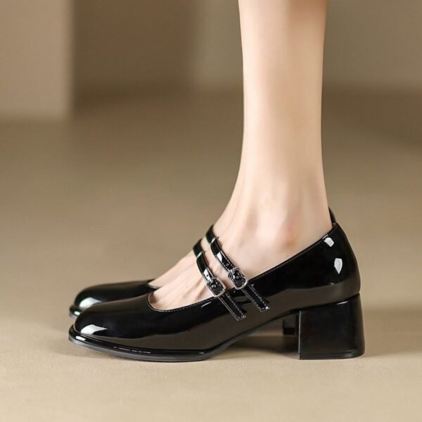 Low-cut High Heels Soft Leather Shoes Women Chunky Heel - Image 4