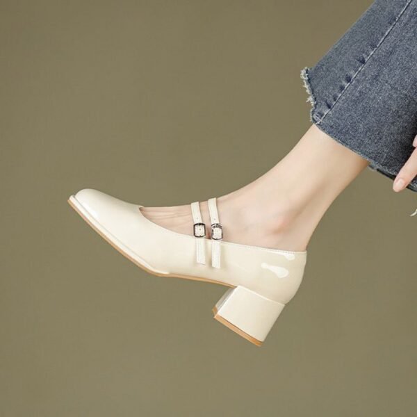 Low-cut High Heels Soft Leather Shoes Women Chunky Heel - Image 5
