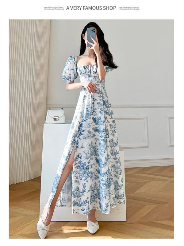 Vintage Floral Square Collar Puff Sleeve Short Sleeve Dress - Image 10