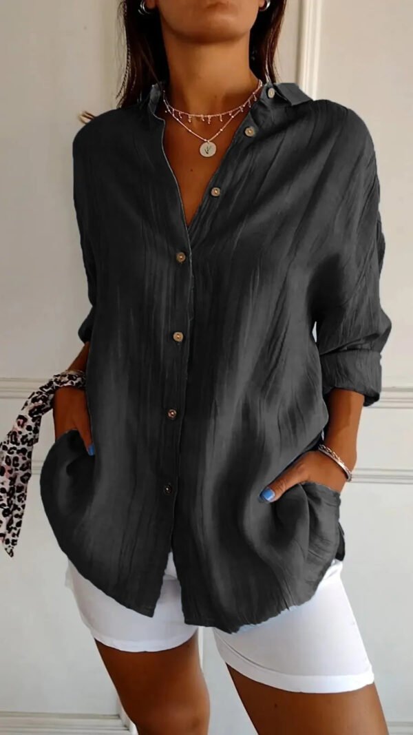 Women’s Lapel Long Sleeve Pleated Shirt – Single-breasted Elegant Top - Image 3