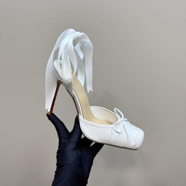 Leather Sole Women's Ballerina High Heel Shoes Fashion Satin Ribbon Toe Cap - Image 4