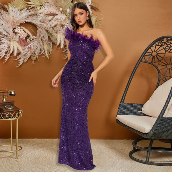 Black Sequin Feather Stitching Sexy Evening Dress for Women - Image 2